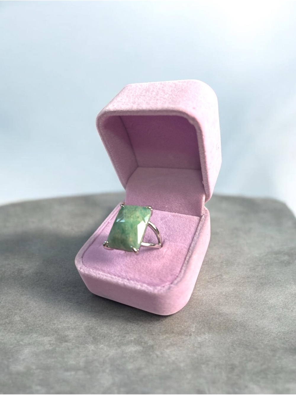 Blue Green Amazonite Gemstone Silver Ring in Pink Velvet Box